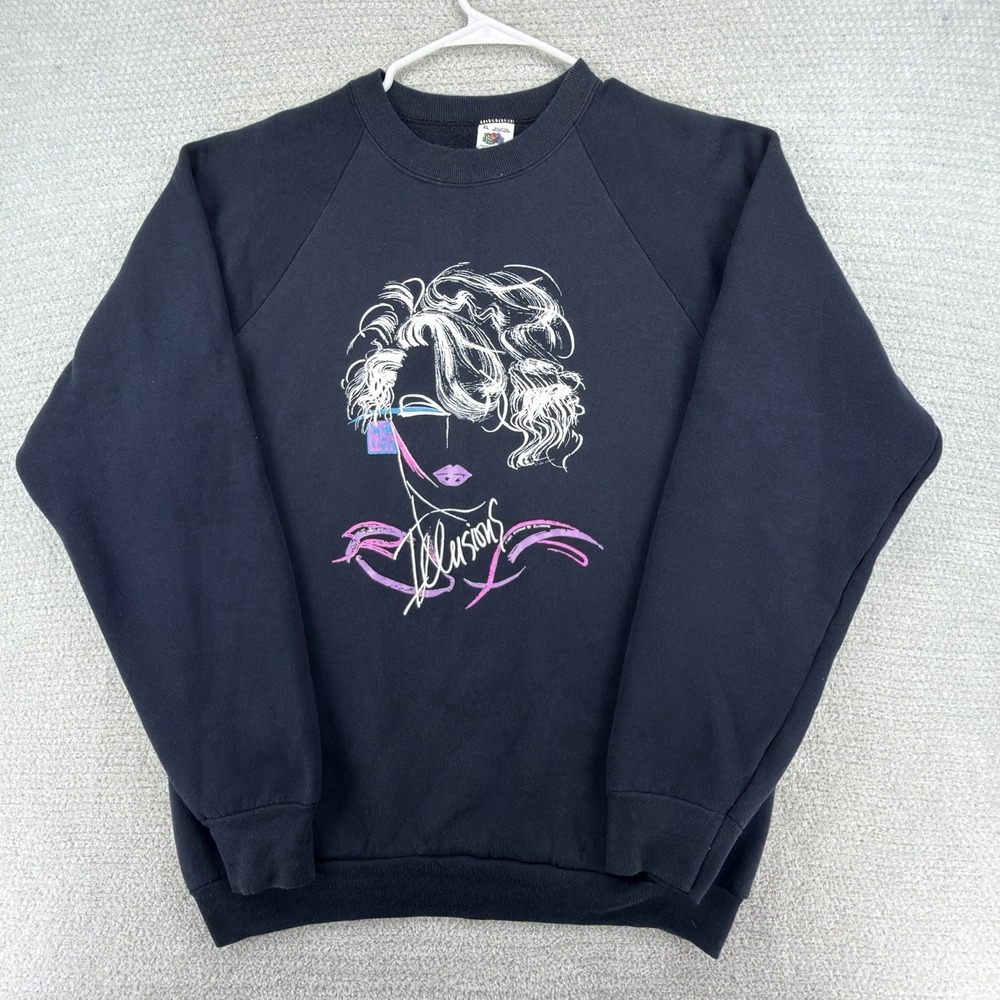 Vintage 1989 Illusions Sweatshirt XL Fruit of the Loom USA Graphic Black 80s